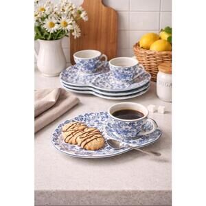 Andrea By Sadek 1990s Set Of 4 Unique Blue Mum Snack Plates Saucers & Cups